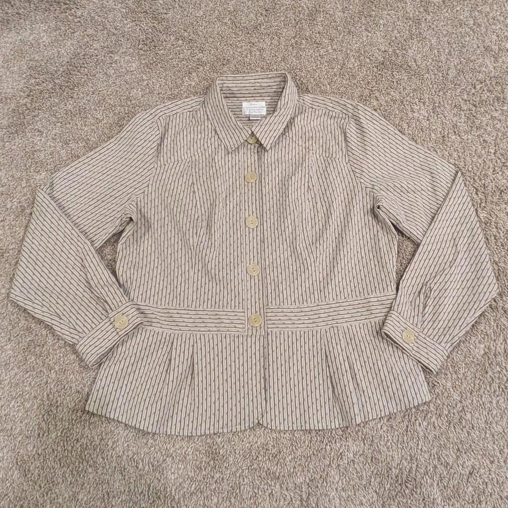 Vintage Style Striped Peplum Jacket Shacket Blouse Button Up Blazer Top